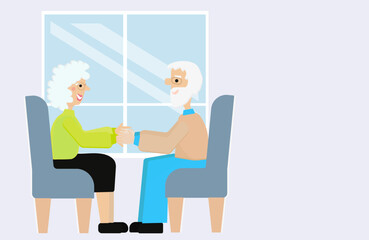 Illustration of a content elderly couple sharing a warm cup of tea, symbolizing enduring love and companionship in their golden years.