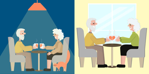 Illustration of a content elderly couple sharing a warm cup of tea, symbolizing enduring love and companionship in their golden years.
