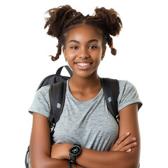 Cute black student girl Successful smile isolated on transparent background.
