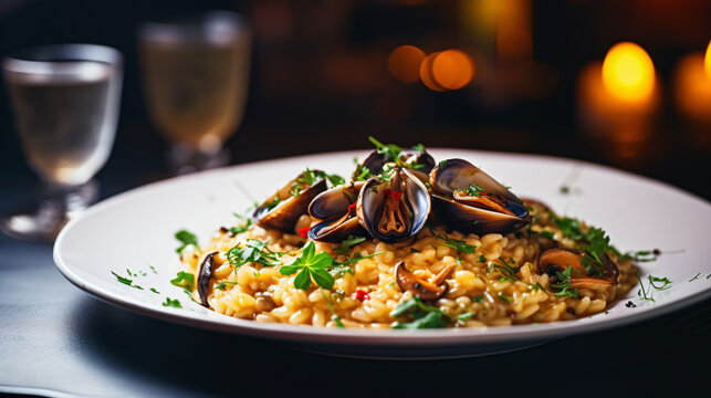 Italian food concept. Risotto with seafood mussel.