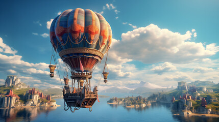 hot air balloon aerostat over the river surreal mixed media artwork cartoon wallpaper