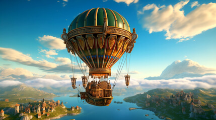 hot air balloon aerostat  over the river surreal mixed media artwork cartoon wallpaper