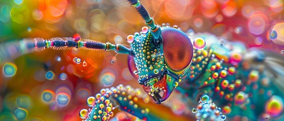 Vibrant Insect Covered in Multicolored with a Rainbow Backdrop - obrazy, fototapety, plakaty