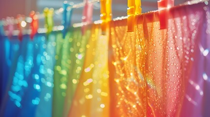 Rainbow-colored laundry hanging on a clothesline with water droplets, This image would be perfect for advertising laundry products, home decor.