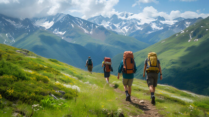 Hikers traversing scenic mountain trails background