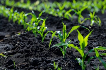 Rows of corn plants in a fertile field with dark soil under a beautiful warm sun