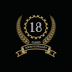 18st anniversary logo with gold and white frame and color. on black background