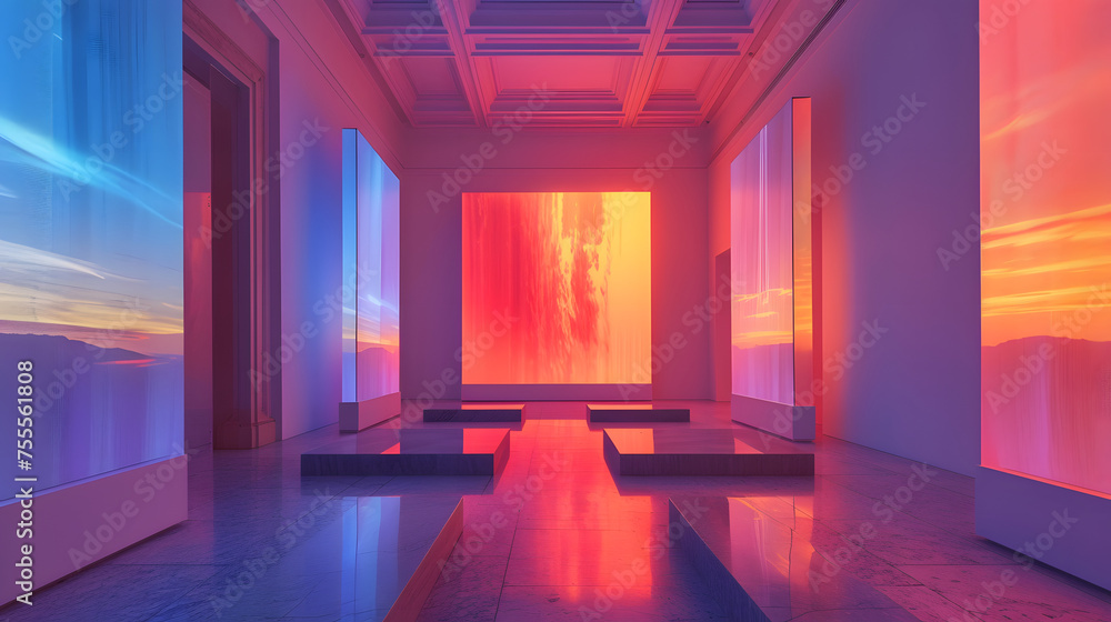 Poster glowing digital art installations in a gallery setting background