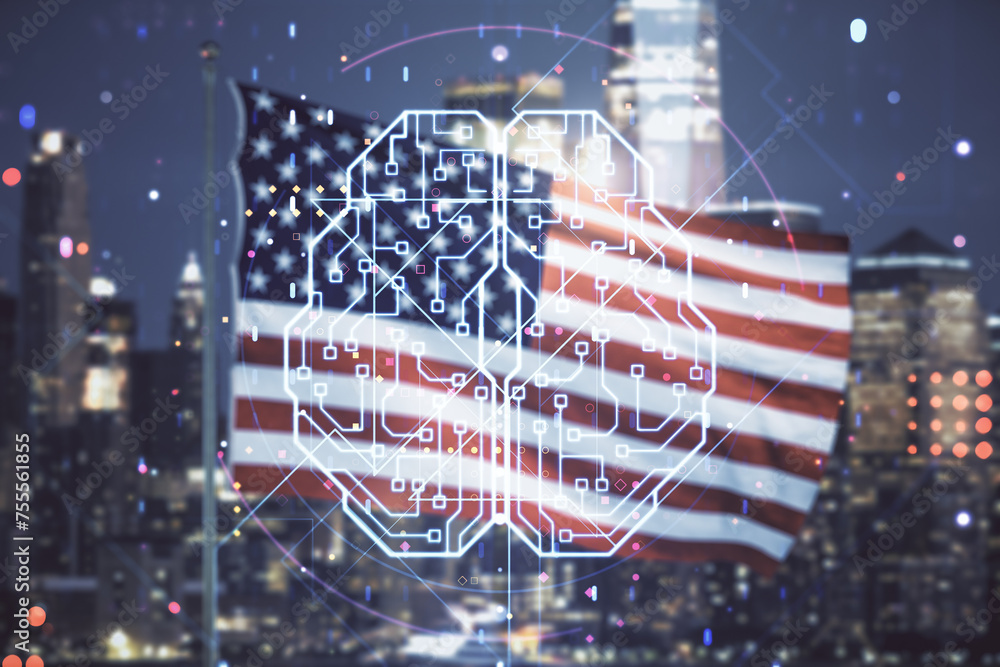 Aufkleber double exposure of creative artificial intelligence interface on usa flag and blurry skyscrapers bac