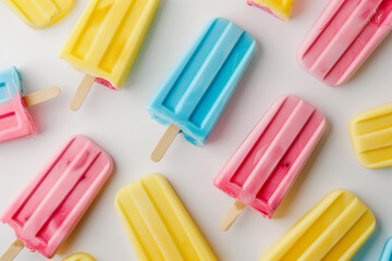 Colorful summer popsicles on a white background, shown from above. Pink, yellow and blue ice lollies with sticks for a refreshing cool treat against the background