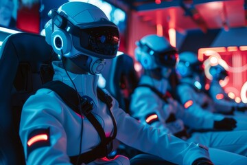 An arcade showing gamers wearing VR headsets and motion suits.