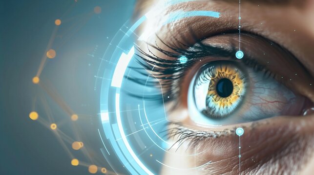 A detailed closeup of a human eye, showcasing the iris and pupil, with superimposed circular graphical elements symbolizing vision analysis or ophthalmology diagnostic technology.