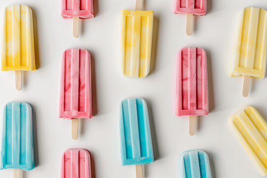 Colorful summer popsicles on a white background, shown from above. Pink, yellow and blue ice lollies with sticks for a refreshing cool treat against the background