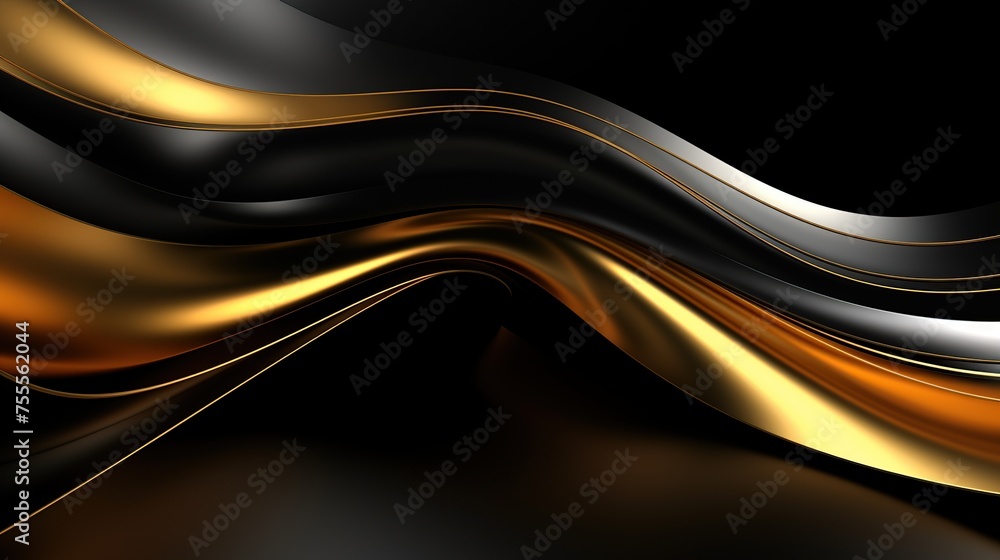 Poster an elegant abstract with sweeping black and gold curves creating a serene and sophisticated atmosphe