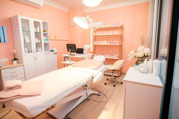 Cosmetic, skincare empty cosmetology cabinet in modern beauty clinic. Interior of medicine salon
