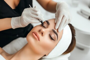 concept of beauty salon and permanent make-up, beautiful Woman at cosmetology cabinet getting permanent makeup