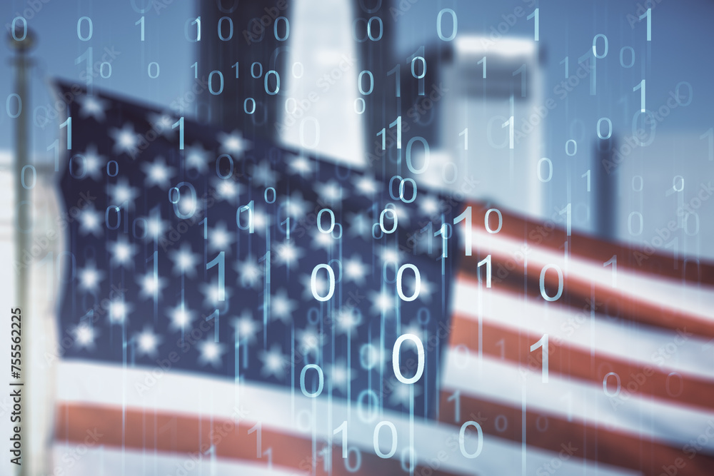 Leinwandbilder abstract virtual binary code sketch on us flag and city background, hacking and matrix concept. mult
