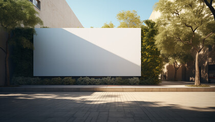 building facade wall with shadow of trees and white billboard mockup. 