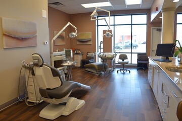 modern dental office with technologically advanced equipment, Dental chair and other accessories - obrazy, fototapety, plakaty