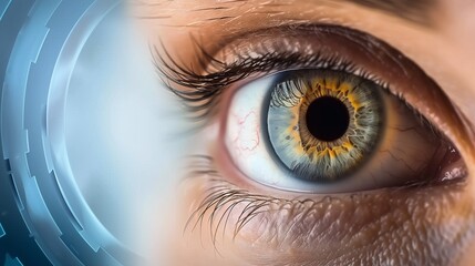 A detailed closeup of a human eye, showcasing the iris and pupil, with superimposed circular graphical elements symbolizing vision analysis or ophthalmology diagnostic technology. - obrazy, fototapety, plakaty