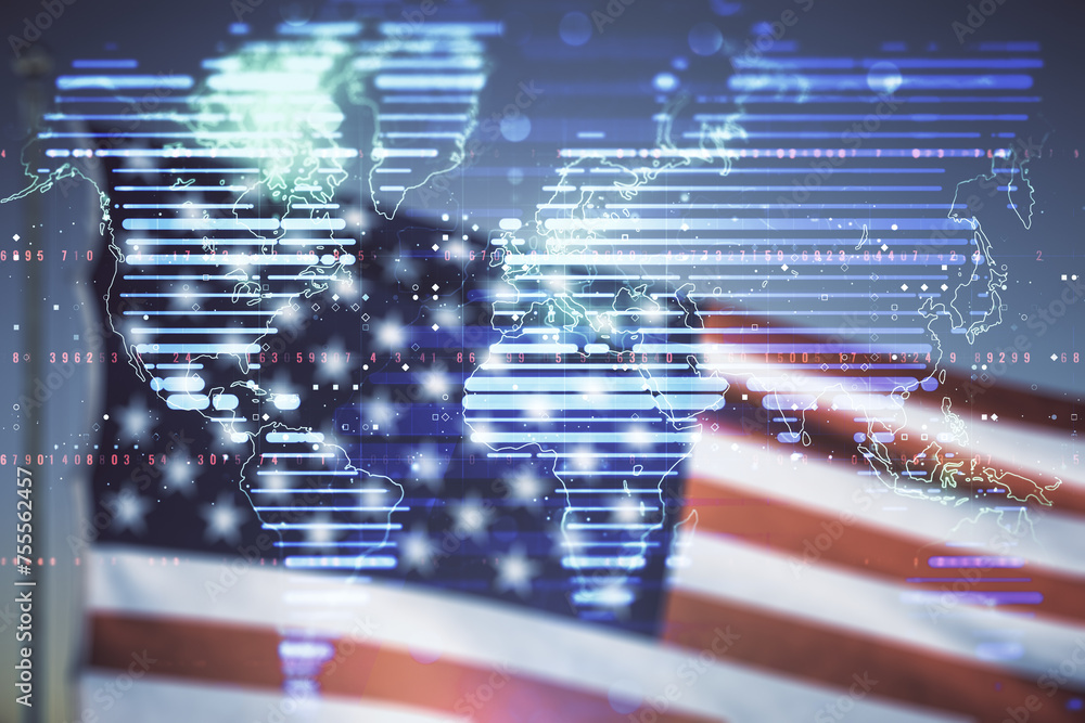 Poster double exposure of abstract digital world map hologram on us flag and blue sky background, big data 