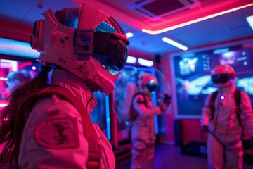 Fototapeta premium An arcade showing gamers wearing VR headsets and motion suits.