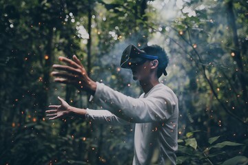 Man Using VR to Access Global Cybersecurity Network, man with a VR headset global, cybersecurity network