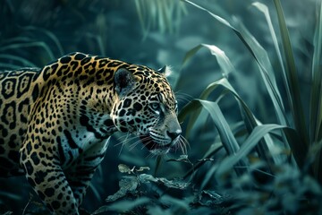 Jaguar walking in the jungle, raindrops falling, blue flora background