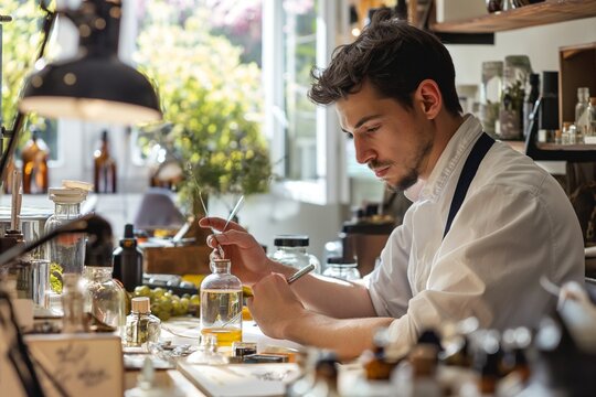 perfumer at his desk looking for a new fragrance, perfumery concept