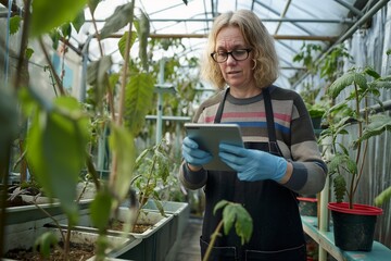 Naklejka na ściany i meble Flower care harvesting. Female research technician studying with tablet and gloves, greenhouse