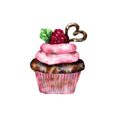 Fresh cupcake with cream decorated with raspberries on a white background watercolor element