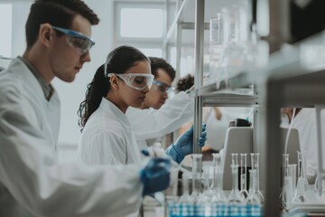 group of scientists working in laboratory, scientists conducting research investigations in a medical laboratory