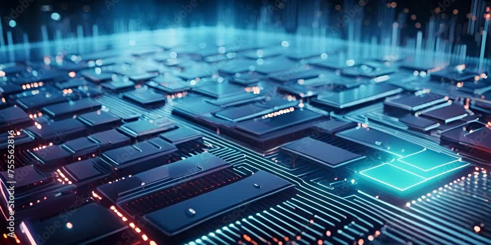 Poster futuristic semiconductor, electronics processor or ic circuit pattern surface. abstract sci-fi hi-te