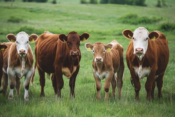 Fototapeta premium group of cows on a farm on a green field