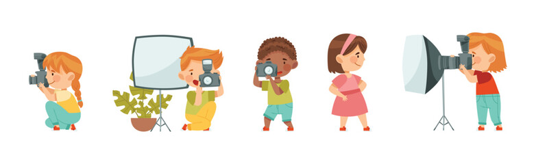 Cute Little Boy and Girl with Camera Taking Photograph Vector Set