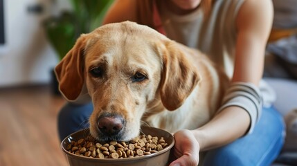 Labrador Dog eating dry food from a bowl in the living room at home.