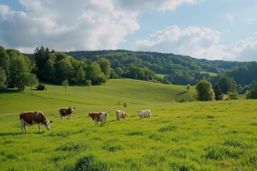 Naklejka na ściany i meble group of cows on a farm on a green field
