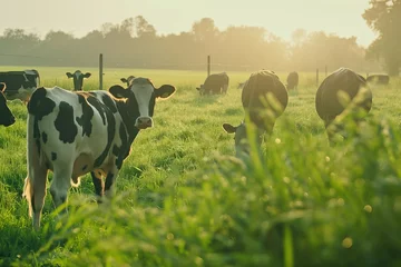 Zelfklevend Fotobehang group of cows on a farm on a green field © mirifadapt