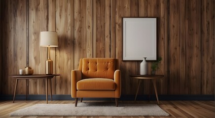 Traditional armchair close to paneling wall with text space and an empty poster frame. Mid-century living room interior design.