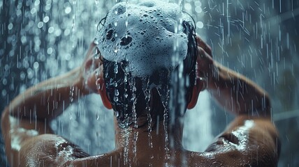 Young man in the shower, washing his head with shampoo and water. - obrazy, fototapety, plakaty