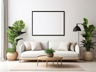 Blank Poster Frame mockup on white wall living room, modern interior with plant, tea Table, White sofa