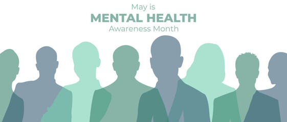 Mental Health Banner.Flat vector illustration with silhouettes of people and space for text.