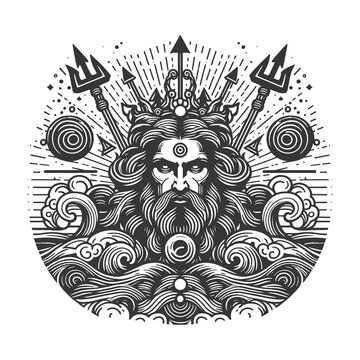Poseidon god of the sea, holding a trident amidst ocean waves sketch engraving generative ai raster illustration. T-shirt apparel print design. Scratch board imitation. Black and white image.