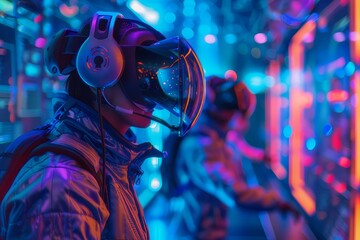 Naklejka premium An arcade showing gamers wearing VR headsets and motion suits.
