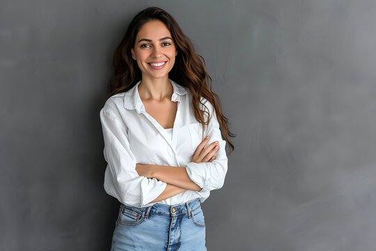 Model woman in white shirt smiling with confident cross arm