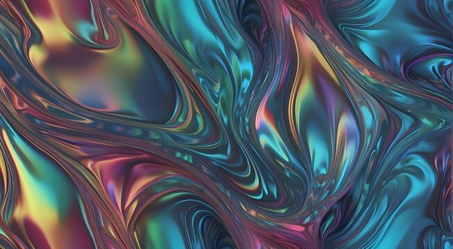 Iridescent wallpaper with a fluid pattern, twisting forms, and holographic 3D abstract backdrop.