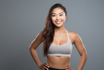Obraz premium Beautiful Young Asian Woman Showcasing Strength and Determination in Dynamic Workout Poses, Fitness Session, Isolated Against a studio Background