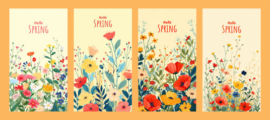 Hello spring seasonal banners collection with beautiful colorful flowers