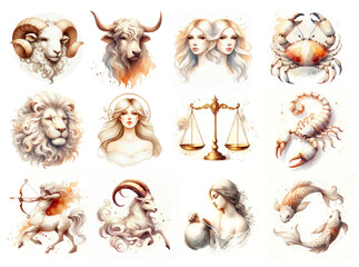 Zodiac Signs Set. Watercolor Astrological Signs. Generative AI. - 755564296