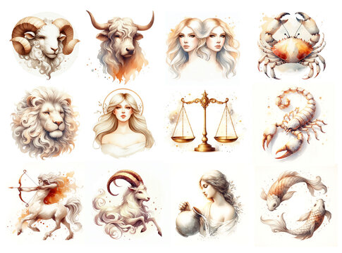 Zodiac Signs Set. Watercolor Astrological Signs. 